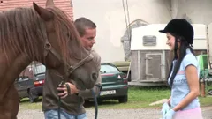 Raw creampie fills her shaven pussy outside